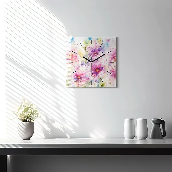 Wanduhr quadratisch Gemalte Blumen