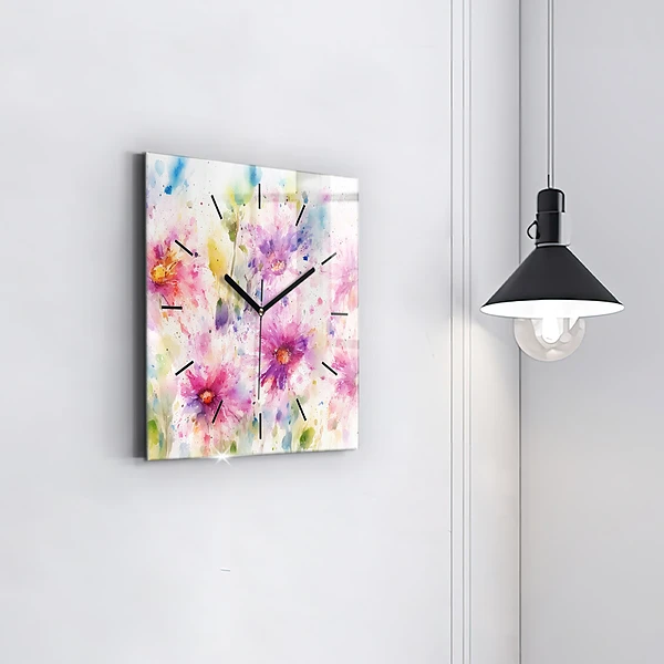 Wanduhr quadratisch Gemalte Blumen