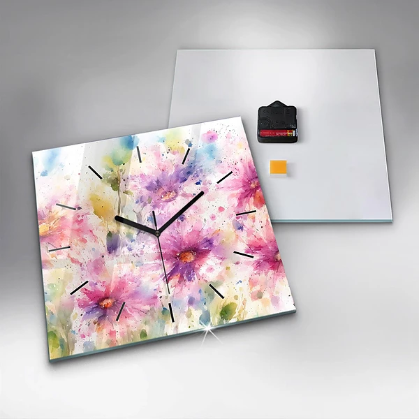 Wanduhr quadratisch Gemalte Blumen