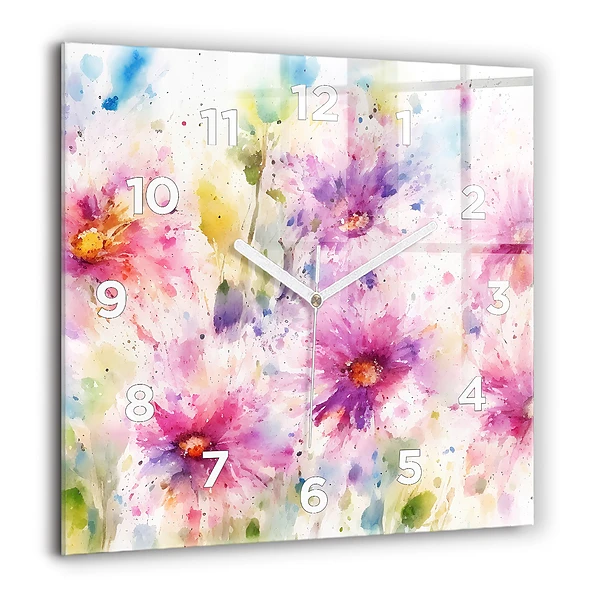Wanduhr quadratisch Gemalte Blumen