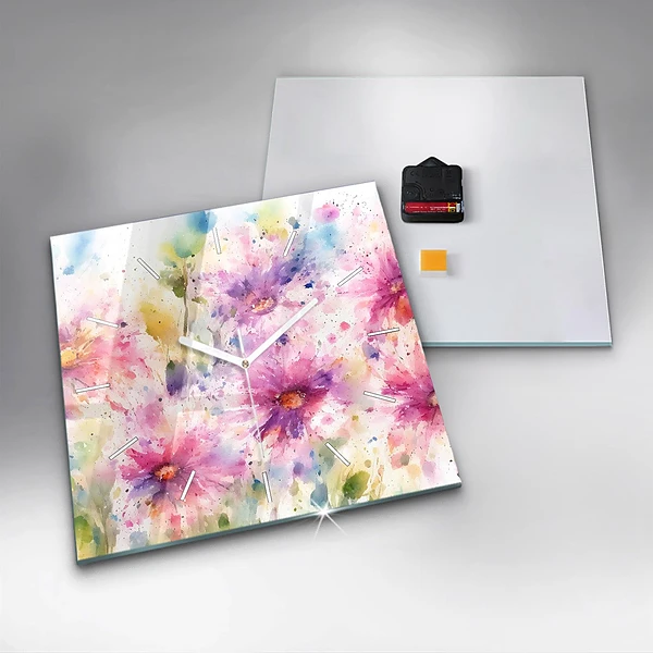 Wanduhr quadratisch Gemalte Blumen