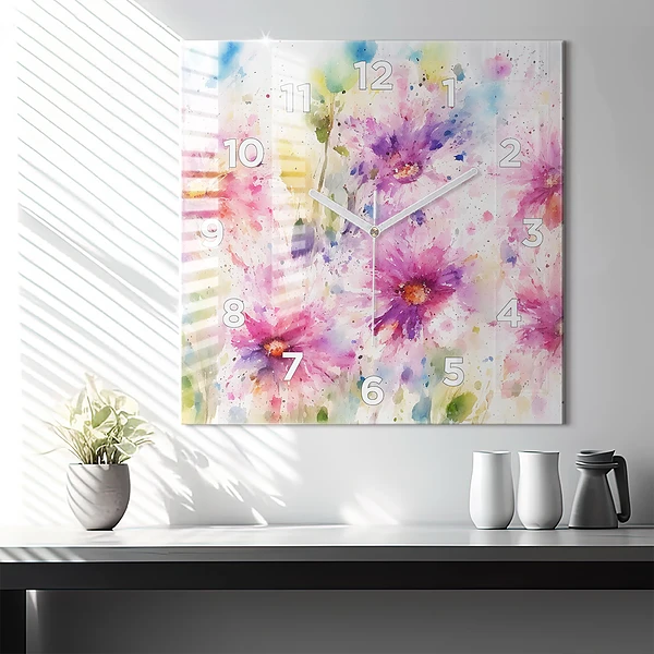 Wanduhr quadratisch Gemalte Blumen