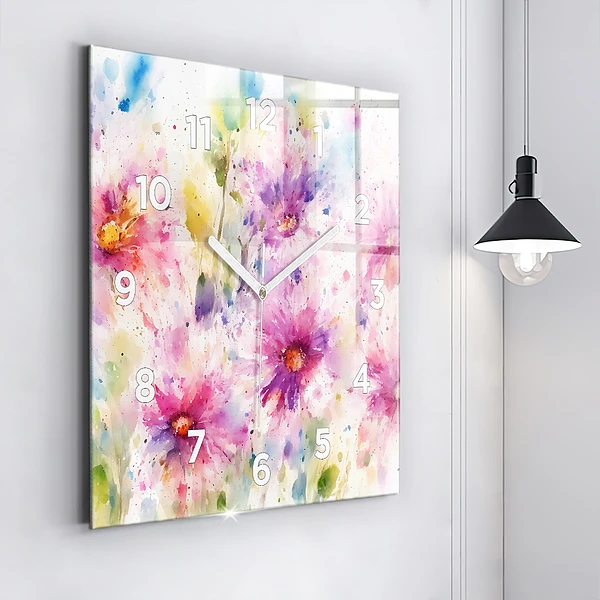 Wanduhr quadratisch Gemalte Blumen