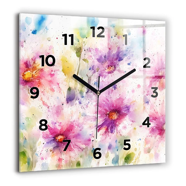 Wanduhr quadratisch Gemalte Blumen