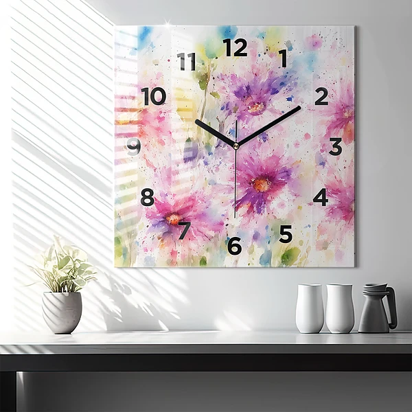 Wanduhr quadratisch Gemalte Blumen