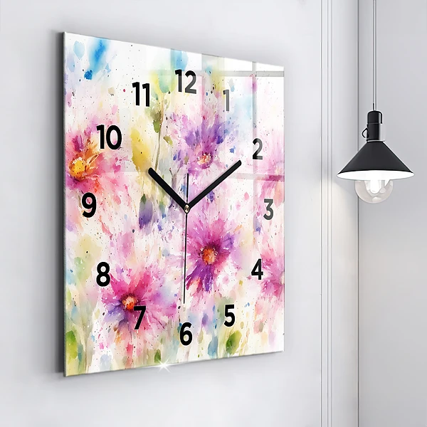 Wanduhr quadratisch Gemalte Blumen