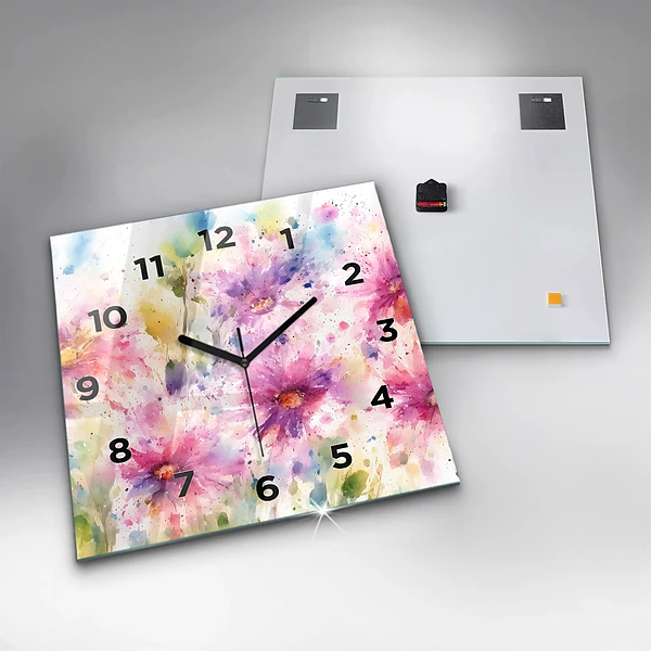 Wanduhr quadratisch Gemalte Blumen