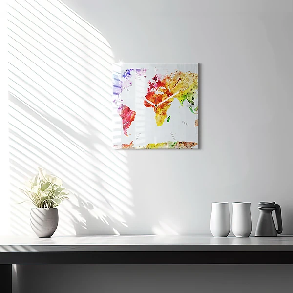 Wanduhr quadratisch mit motiv Aquarellierte Weltkarte
