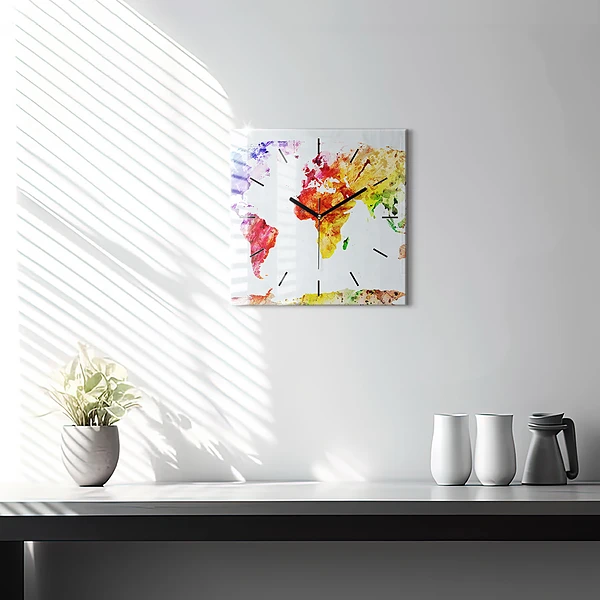 Wanduhr quadratisch mit motiv Aquarellierte Weltkarte