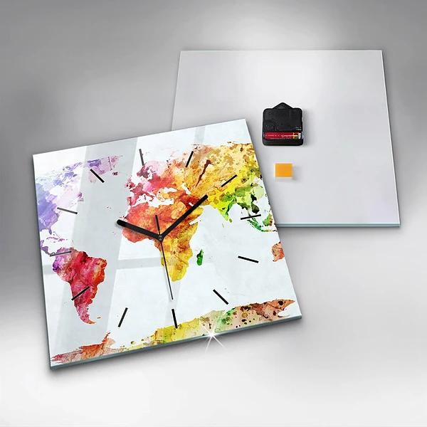 Wanduhr quadratisch mit motiv Aquarellierte Weltkarte