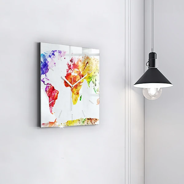Wanduhr quadratisch mit motiv Aquarellierte Weltkarte