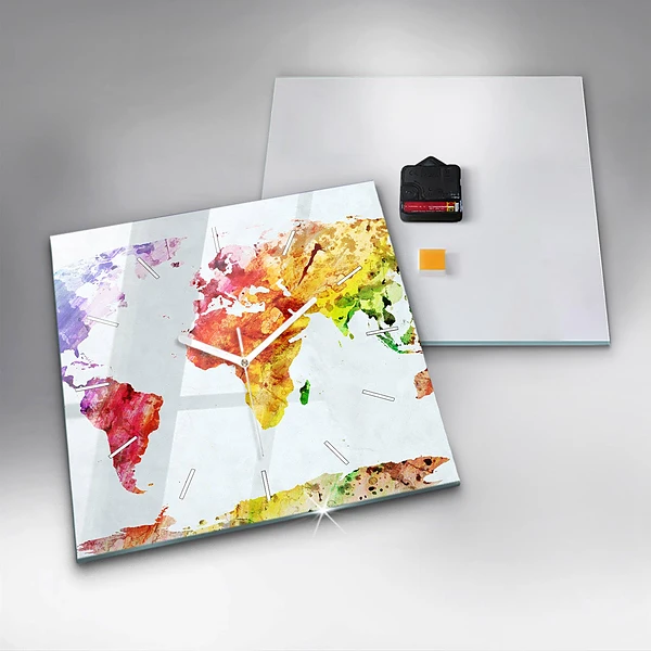 Wanduhr quadratisch mit motiv Aquarellierte Weltkarte