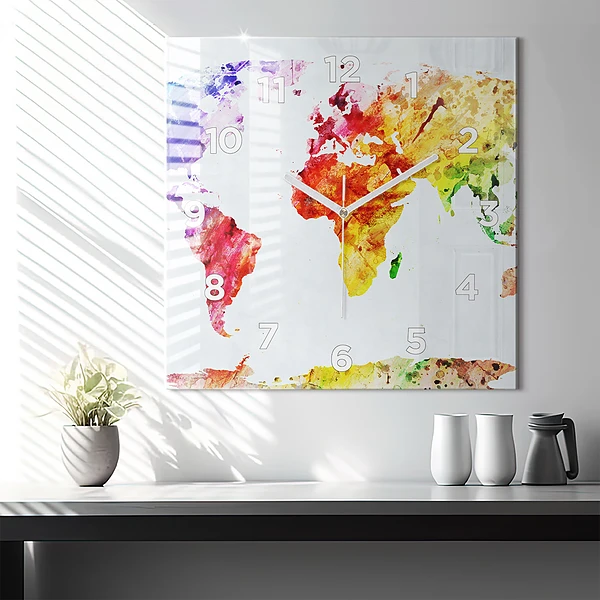 Wanduhr quadratisch mit motiv Aquarellierte Weltkarte