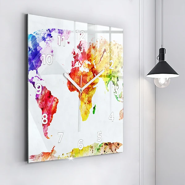 Wanduhr quadratisch mit motiv Aquarellierte Weltkarte