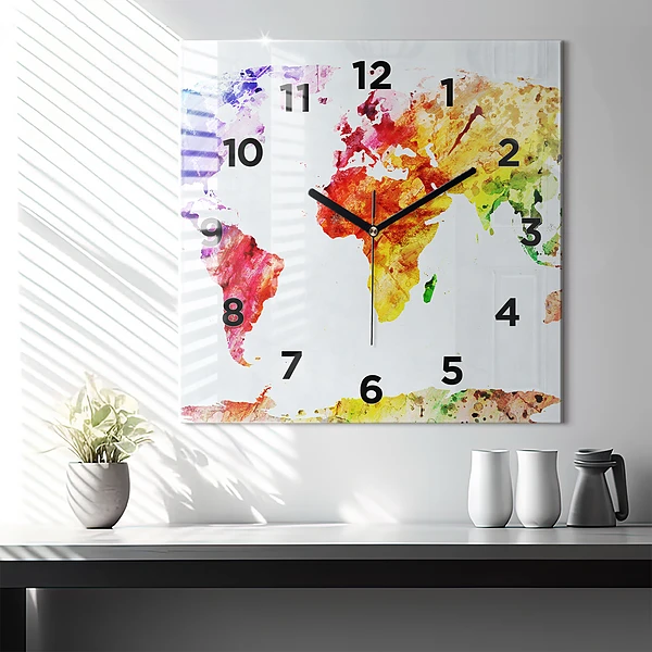 Wanduhr quadratisch mit motiv Aquarellierte Weltkarte
