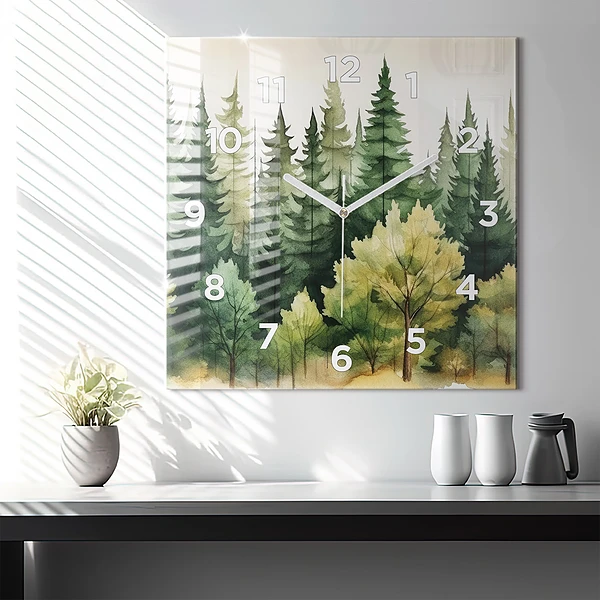 Wanduhr modern quadratisch Landschaftlicher Wald