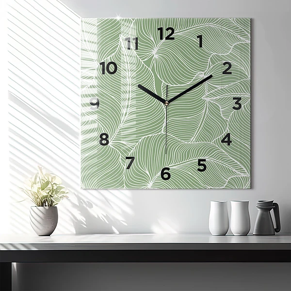 Wanduhr modern quadratisch Natur Blattmuster