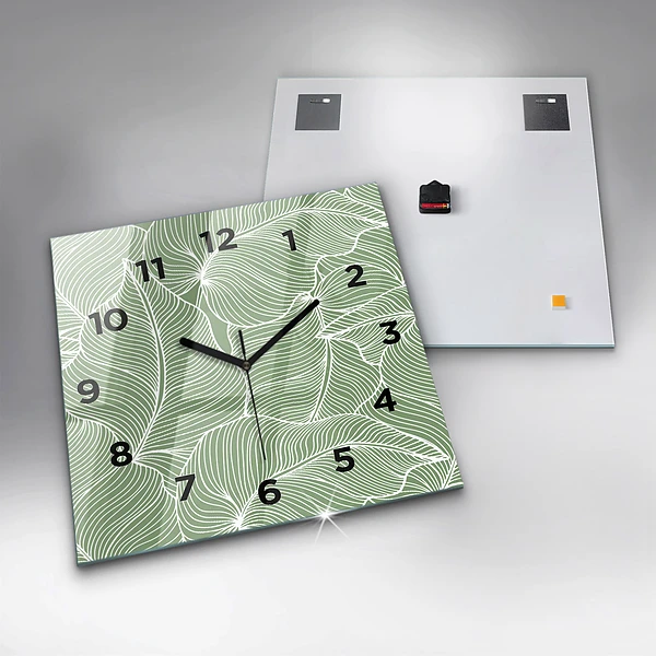 Wanduhr modern quadratisch Natur Blattmuster