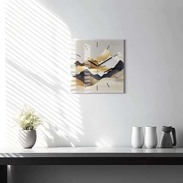 Wanduhr modern quadratisch Abstrakte goldene Berge