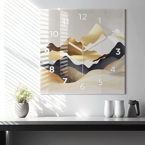 Wanduhr modern quadratisch Abstrakte goldene Berge