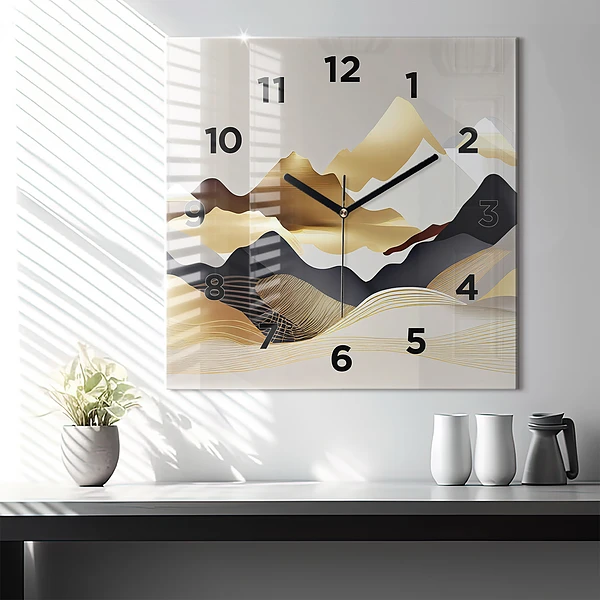 Wanduhr modern quadratisch Abstrakte goldene Berge