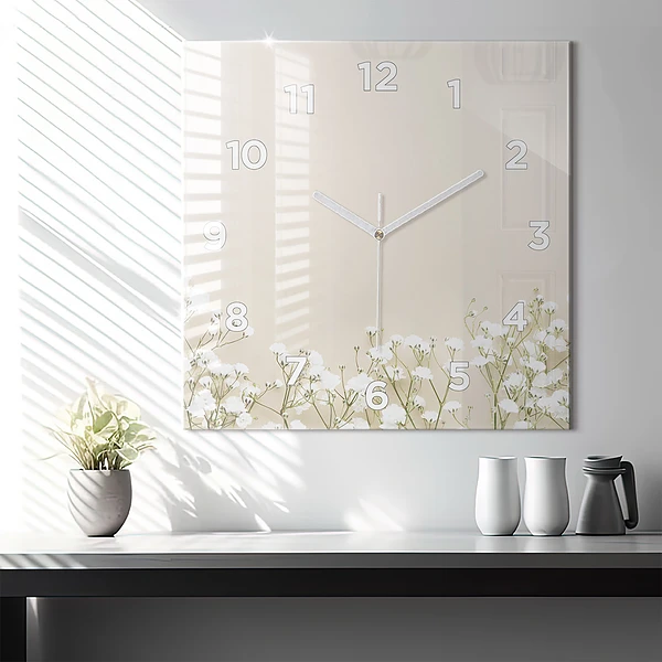 Wanduhr modern quadratisch Blühende Blumen