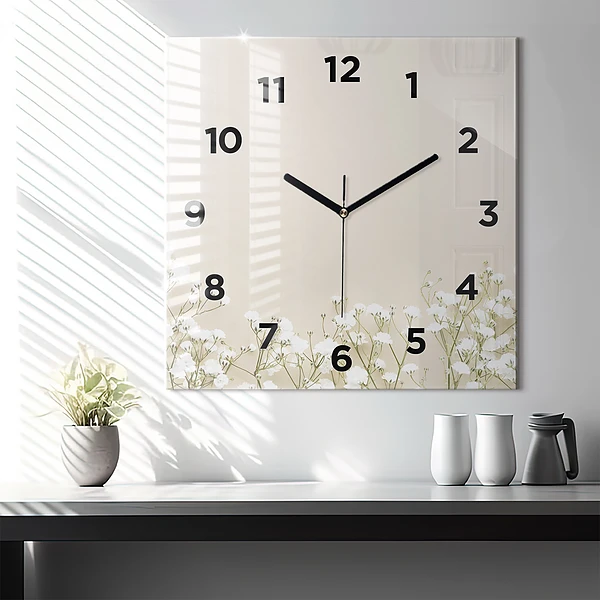 Wanduhr modern quadratisch Blühende Blumen
