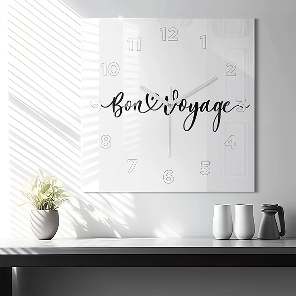 Wanduhr quadratisch Inschrift Bon voyage