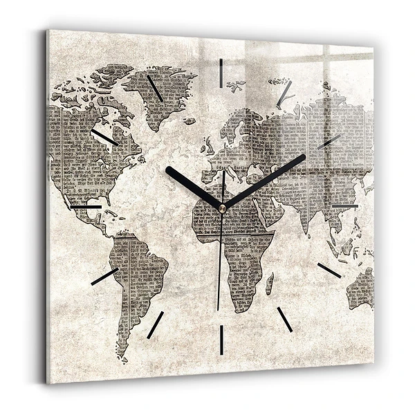 Wanduhr quadratisch Weltkarte Zeitung