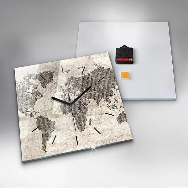Wanduhr quadratisch Weltkarte Zeitung