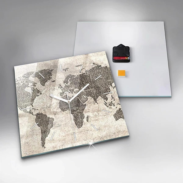 Wanduhr quadratisch Weltkarte Zeitung