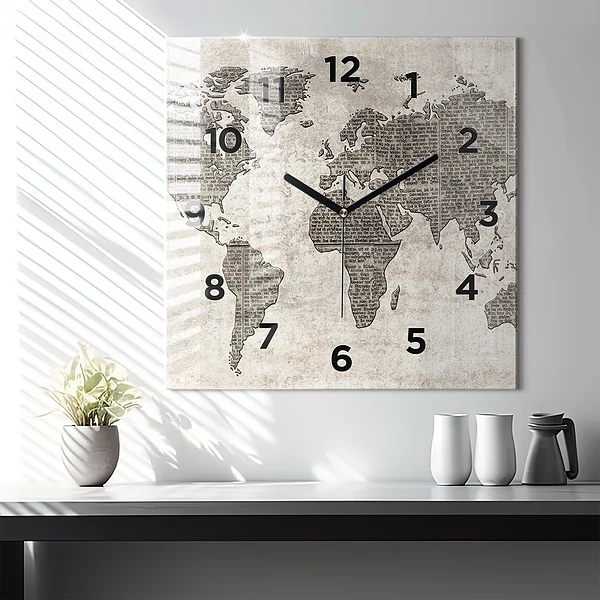 Wanduhr quadratisch Weltkarte Zeitung