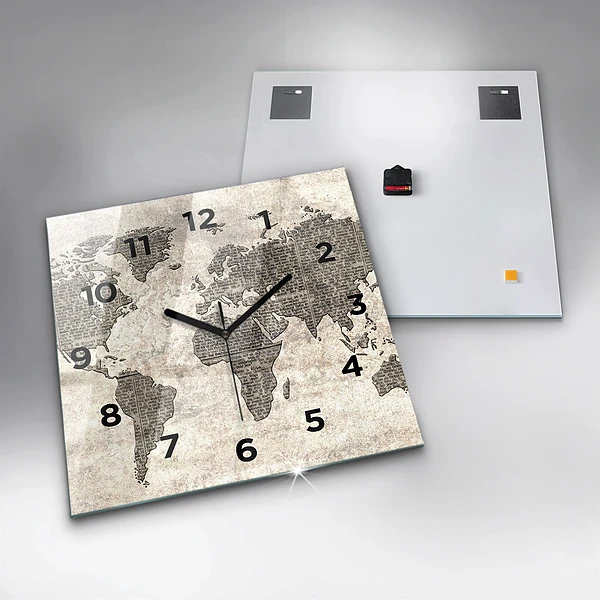 Wanduhr quadratisch Weltkarte Zeitung