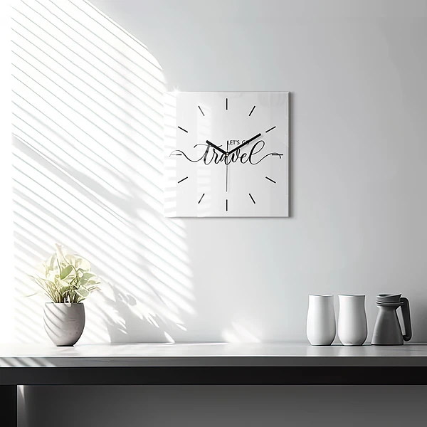 Wanduhr quadratisch mit motiv Reise-Inschrift