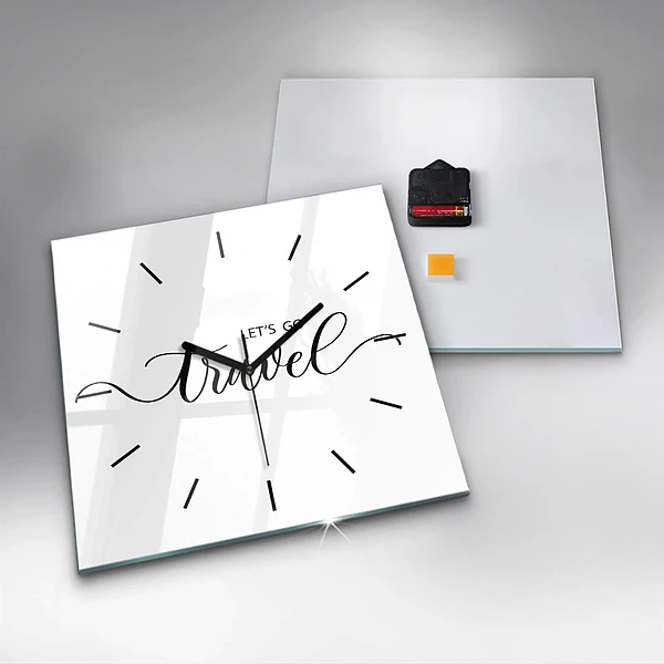 Wanduhr quadratisch mit motiv Reise-Inschrift
