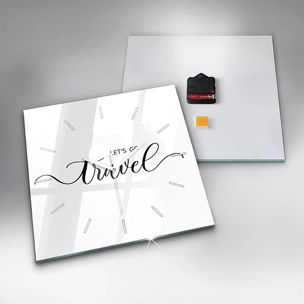 Wanduhr quadratisch mit motiv Reise-Inschrift