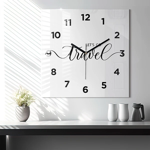 Wanduhr quadratisch mit motiv Reise-Inschrift