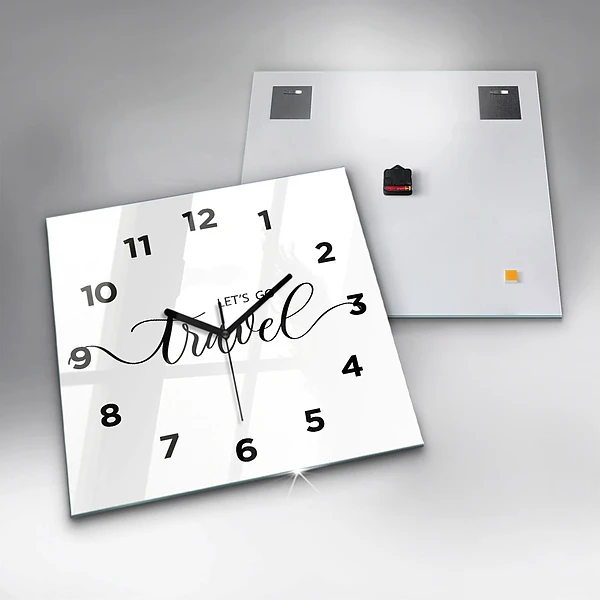 Wanduhr quadratisch mit motiv Reise-Inschrift