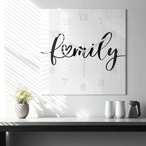 Wanduhr modern quadratisch Familieninschrift