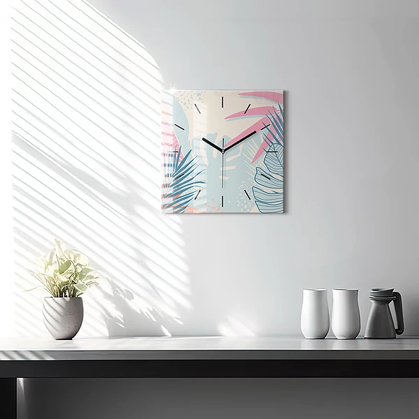 Wanduhr modern quadratisch Pastellfarbene Blätter