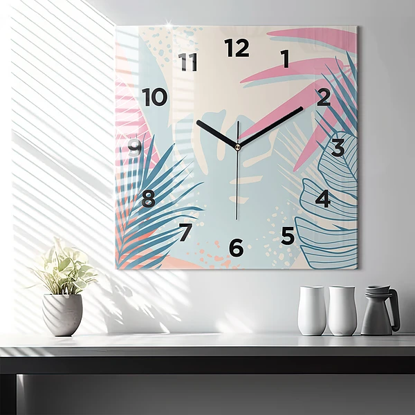 Wanduhr modern quadratisch Pastellfarbene Blätter