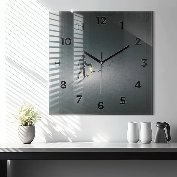 Wanduhr quadratisch Wanderer in der Dunkelheit