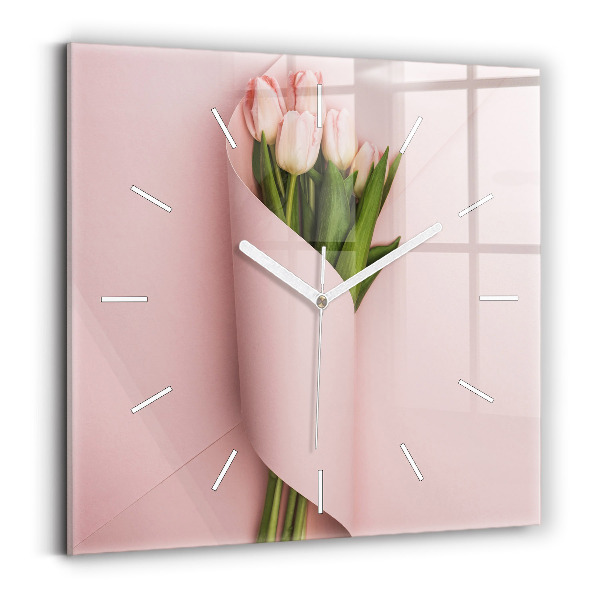 Wanduhr quadratisch Blumenstrauß aus Tulpenblüten