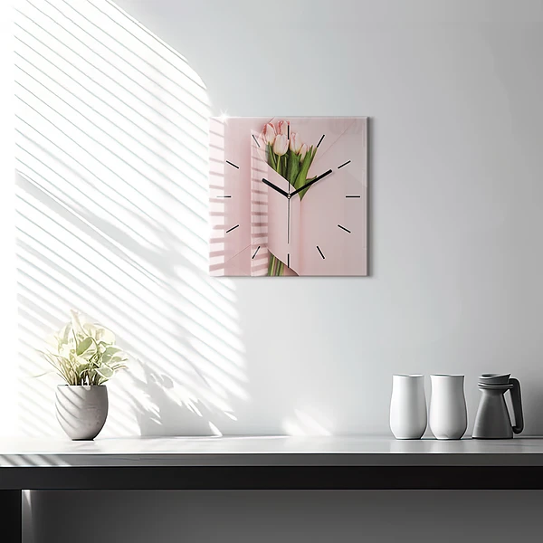 Wanduhr quadratisch Blumenstrauß aus Tulpenblüten
