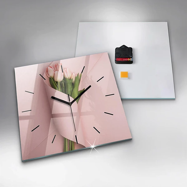 Wanduhr quadratisch Blumenstrauß aus Tulpenblüten