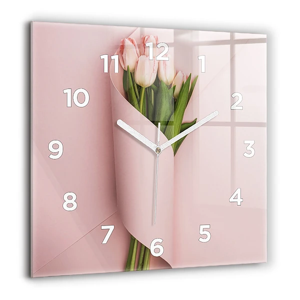 Wanduhr quadratisch Blumenstrauß aus Tulpenblüten
