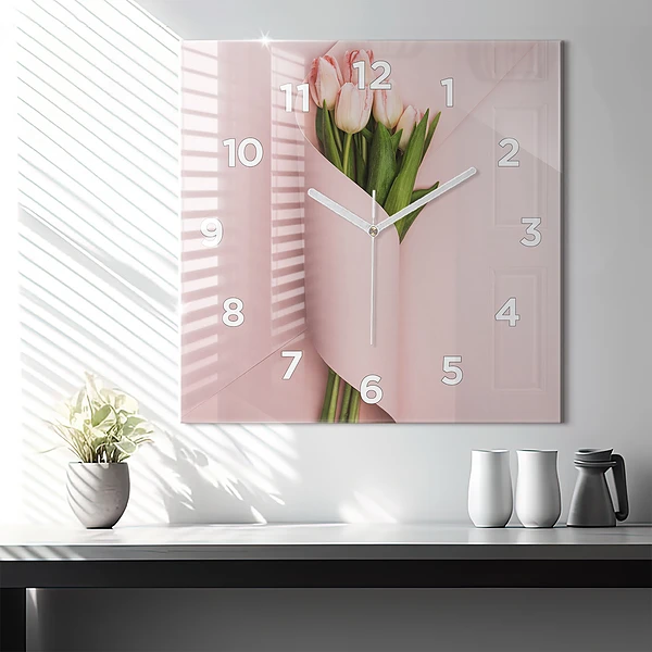 Wanduhr quadratisch Blumenstrauß aus Tulpenblüten