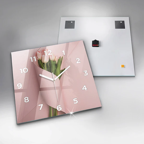 Wanduhr quadratisch Blumenstrauß aus Tulpenblüten