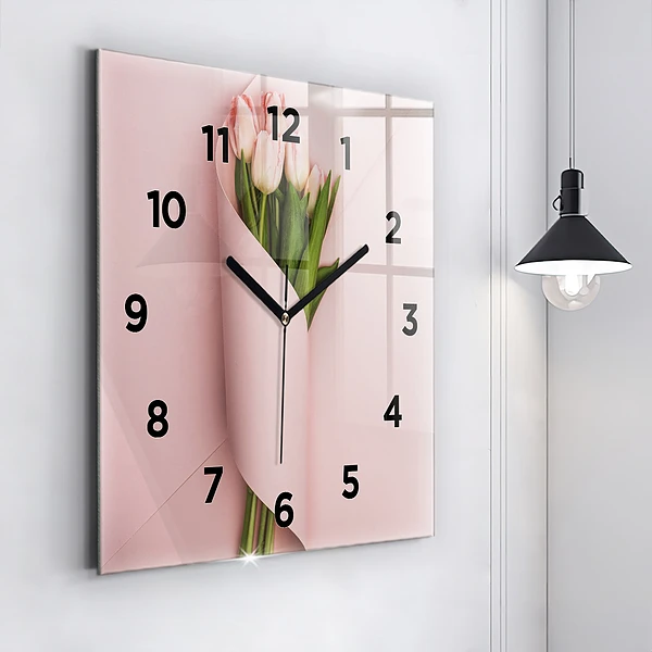 Wanduhr quadratisch Blumenstrauß aus Tulpenblüten