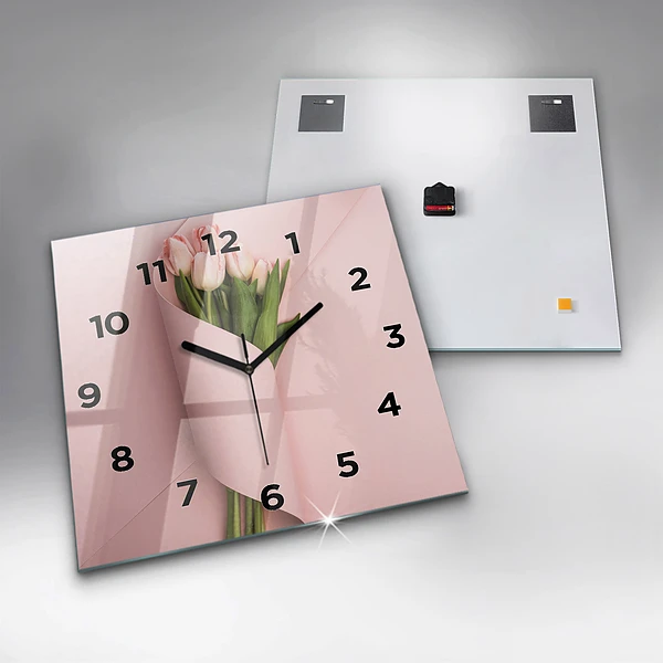 Wanduhr quadratisch Blumenstrauß aus Tulpenblüten